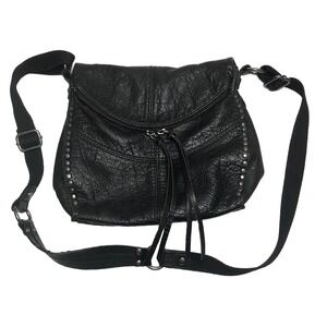 The Sak Crossbody Bag Silverlake Black Leather Studded Fringe Biker DAMAGED